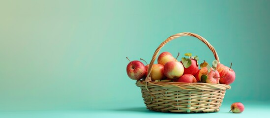 Poster - Wicker basket with crab apples Isolated on pastel background. with copy space image. Place for adding text or design
