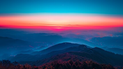 Red and blue gradient sky mountains illustration poster background
