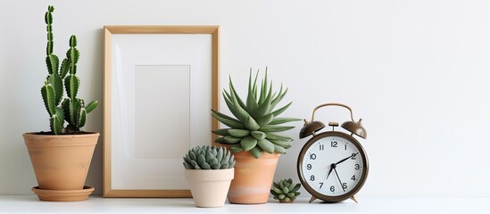 Poster - Succulents or cactus in clay pots over white background on the table with the clock and picture frame. with copy space image. Place for adding text or design