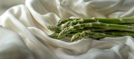 Poster - Horizontal close up shot of a bundle of asparagus over a white fabric pastel background. with copy space image. Place for adding text or design