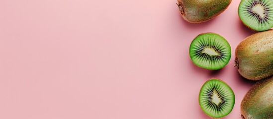 Fototapete - Fresh kiwi fruits on isolated pastel background whit its whole and sliced. with copy space image. Place for adding text or design