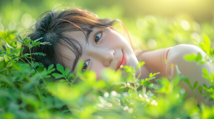 Beautiful Woman Relaxing in Nature, Enjoying the Warmth of Sunshine in Lush Green Field, Embracing Tranquility and Natural Beauty, Peaceful Outdoor Portrait with a Serene and Content Expression