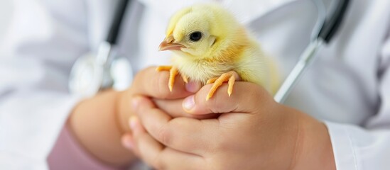 Aufkleber - vet checks the health of the little yellow chick isolated on white background. Copy space image. Place for adding text or design