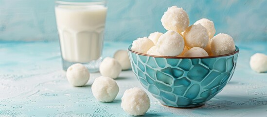Aufkleber - Mozzarella cheese balls in bowl and glass of milk on pastel background. with copy space image. Place for adding text or design