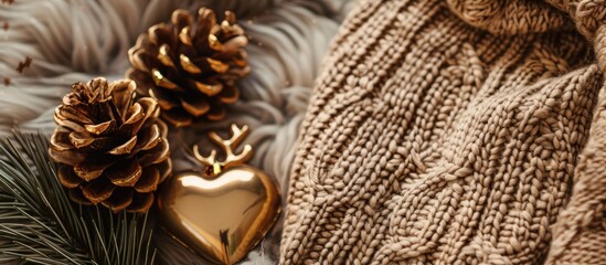 Poster - Knited sweater, pine cones, golden heart and reindeer over cozy and fur carpet. Top view. with copy space image. Place for adding text or design