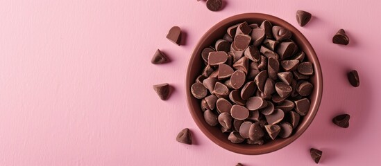 Leinwandbilder - A Bowl of Chocolate Nibs Isolated on a pastel background. with copy space image. Place for adding text or design