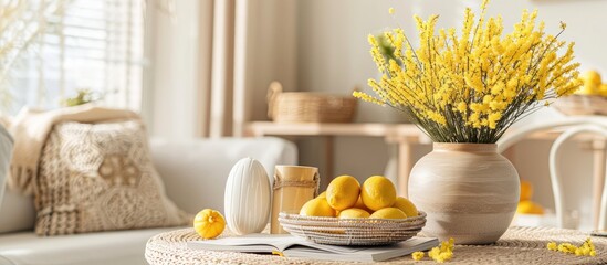 Poster - Vases with beautiful Easter decor, mimosa flowers and magazines on table in room. with copy space image. Place for adding text or design