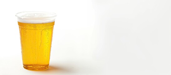 Leinwandbilder - Yellow beer in a plastic disposable cup to go isolated on white background. with copy space image. Place for adding text or design
