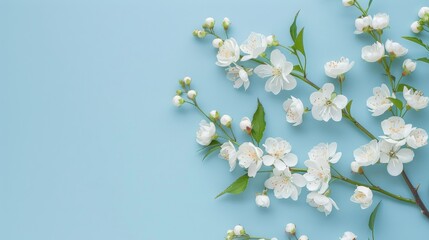 beautiful white flowers on blue background with copy space spring theme