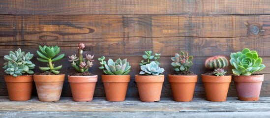 Poster - collection of succulent plants in pots on wooden plank. with copy space image. Place for adding text or design