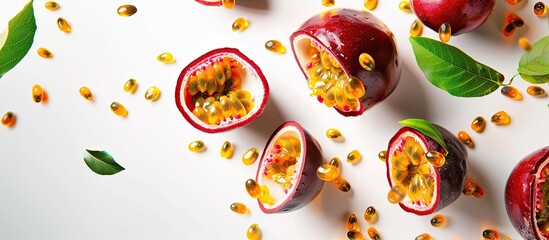 Fototapete - Whole and sliced ripe passion fruit in the air on a white background. with copy space image. Place for adding text or design
