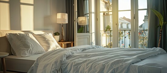 Poster - Comfortable bed with white bedclothes and bedside table with lamp placed near window and balcony door in light bedroom at home. with copy space image. Place for adding text or design