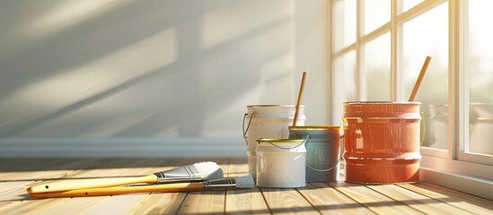 Poster - Cans of paint and decorator tools on wooden floor indoors. Space for text. with copy space image. Place for adding text or design