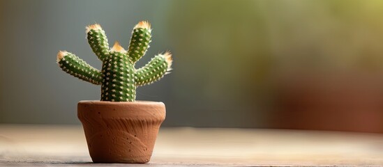 Aufkleber - A small cactus in a brown pot looks like a person with raised arms. with copy space image. Place for adding text or design