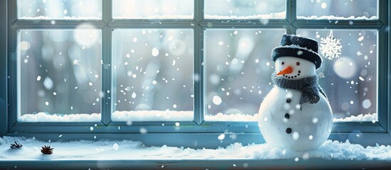 Aufkleber - Winter window and snowman with black hat . with copy space image. Place for adding text or design