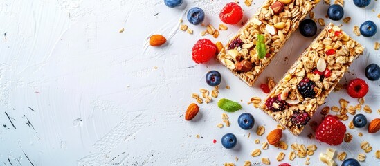 Poster - Granola bar and ingredients on a white stone table. Cereal granola bar with nuts, fruit and berries. Top view long banner format. with copy space image. Place for adding text or design
