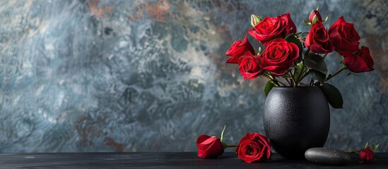 Poster - Bouquet of crimson spray roses in black vase and pebble on black wooden table against grey wall. with copy space image. Place for adding text or design