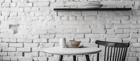 Poster - Black kitchen table, chair and plate in the white brick wall, modern living room background, working table, bookshelf concept, home living room interior style. with copy space image