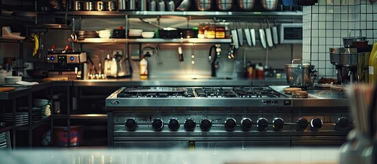 Poster - View of empty restaurant kitchen with professional equipment and products. Copy space image. Place for adding text or design