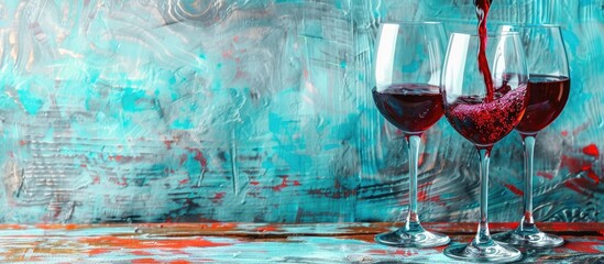 Leinwandbilder - Pouring red wine into glasses on old wood pastel background. with copy space image. Place for adding text or design