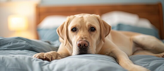 Poster - Portrait of yellow lab on bed. with copy space image. Place for adding text or design