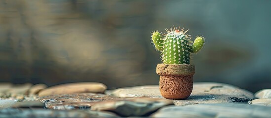 Aufkleber - A small cactus in a brown pot looks like a person with raised arms. with copy space image. Place for adding text or design