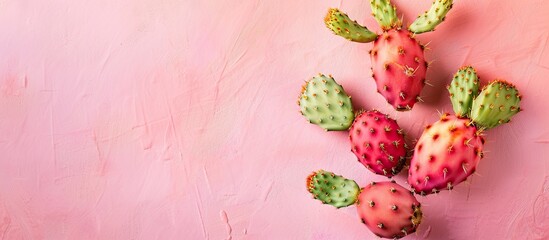 Prickly pear cactus with five fruits on it pastel background. with copy space image. Place for adding text or design