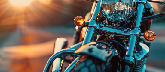 Poster - beautiful detail of the motorcycle. mirror pastel background. with copy space image. Place for adding text or design
