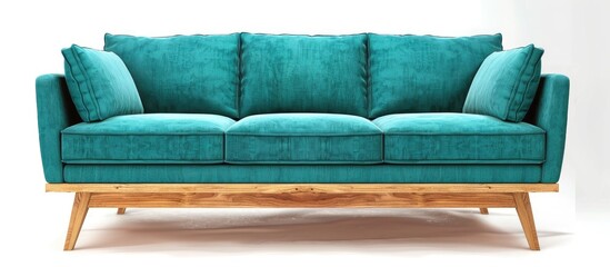 Poster - Turquoise fabric sofa on light wooden base isolated on white background. Series of furniture. with copy space image. Place for adding text or design