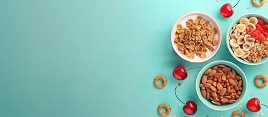 Poster - Cereal rings box, cherry with bowl. Oatmeal breakfast with milk, organic muesli. Flat style. pastel background. with copy space image. Place for adding text or design