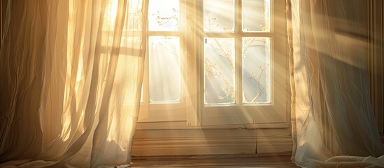 Leinwandbilder - window with curtains. sunlight. window frame. with copy space image. Place for adding text or design