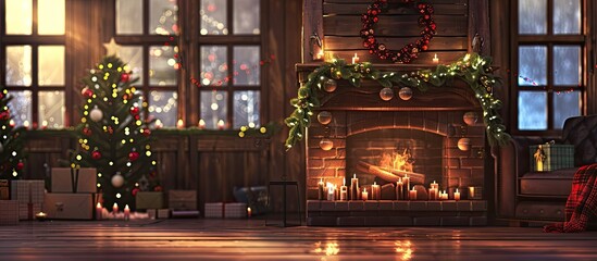 Decorated fireplace in interior of room on Christmas eve. with copy space image. Place for adding text or design