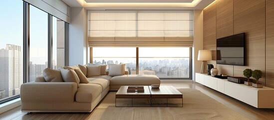 Poster - Interior of modern living room with sofa and table near window. with copy space image. Place for adding text or design