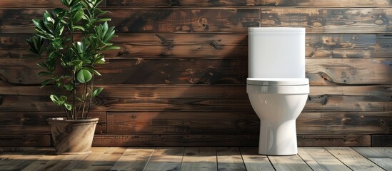 Poster - White toilet bowl near wooden wall in modern bathroom interior. with copy space image. Place for adding text or design