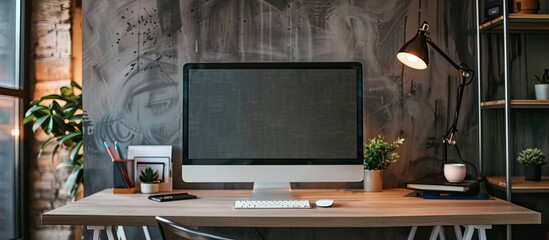 Poster - Workspace with desktop computer, office supplies,  at home or studio. Blank screen for graphics display montage. with copy space image. Place for adding text or design