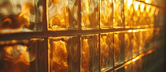 Poster - Uneven golden light reflects through glass block wall. with copy space image. Place for adding text or design