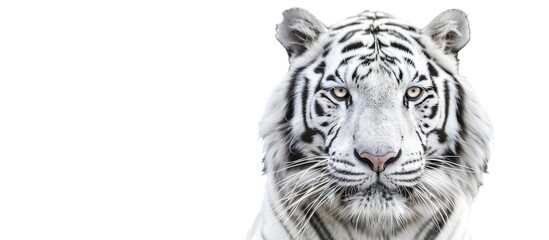 Poster - Face of a white bengal tiger, isolated on white background. Mask of the biggest cat. Wild beauty of the most dangerous and mighty beast. Copy space image. Place for adding text or design