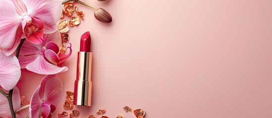 Poster - Orchid flower and lipstick pastel background Flower. with copy space image. Place for adding text or design