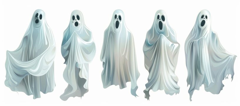 A set of white realistic ghosts for use in generative AI and isolated on a transparent background.