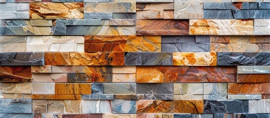 Poster - brown red Slate Marble Split Face Mosaic  pattern and background brick wall. with copy space image. Place for adding text or design