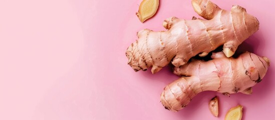 Aufkleber - fresh ginger on pastel background Food  Isolated  pastel. with copy space image. Place for adding text or design