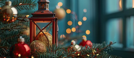 Poster - CloseupV red festive lantern and golden xmasV balls with fir branches. with copy space image. Place for adding text or design
