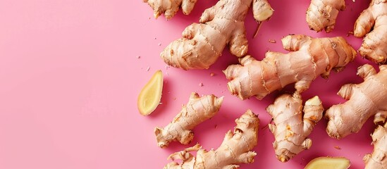 Aufkleber - fresh ginger on pastel background Food  Isolated  pastel. with copy space image. Place for adding text or design