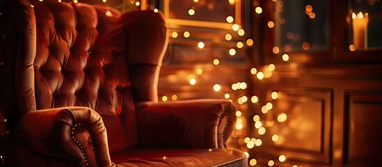 Poster - sparkling gold christmas garland with lights on the arm chair. with copy space image. Place for adding text or design