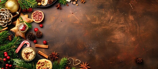 Poster - Celebrating Christmas. Colorful decoration table with food ready to eat. with copy space image. Place for adding text or design