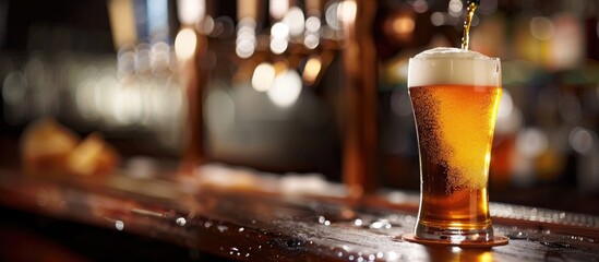 Aufkleber - beer pouring into glass in a bar. Copy space image. Place for adding text or design