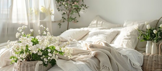 Poster - White and gray cozy bedroom with flowers on the bedstead. Bedroom interior. with copy space image. Place for adding text or design