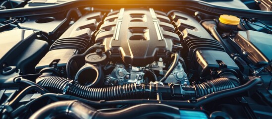Poster - A Modern new car close-up of the engine, front top view, show all parts and open hood. Copy space image. Place for adding text or design