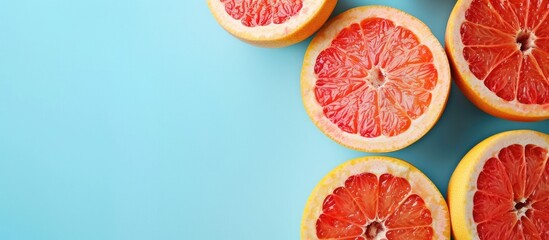 Slices of juicy grapefruit on pastel background  Food. with copy space image. Place for adding text or design