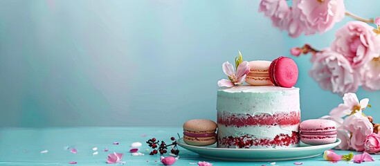Fototapete - Tasty color cake with macaroons on table. with copy space image. Place for adding text or design